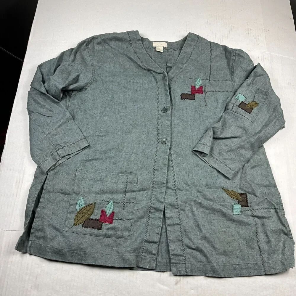 J.Jill Embroidered Linen Jacket Green 3/4 Sleeve Button Down With Pocket MEDIUM